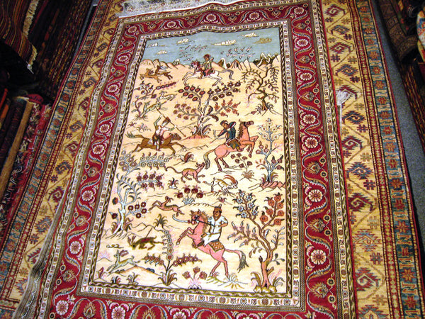 3x5 Beige Silk hunting Qum Handmade Persian Rug 